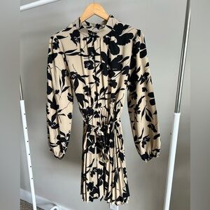 Chic Beige and Black Floral Long Sleeve Dress